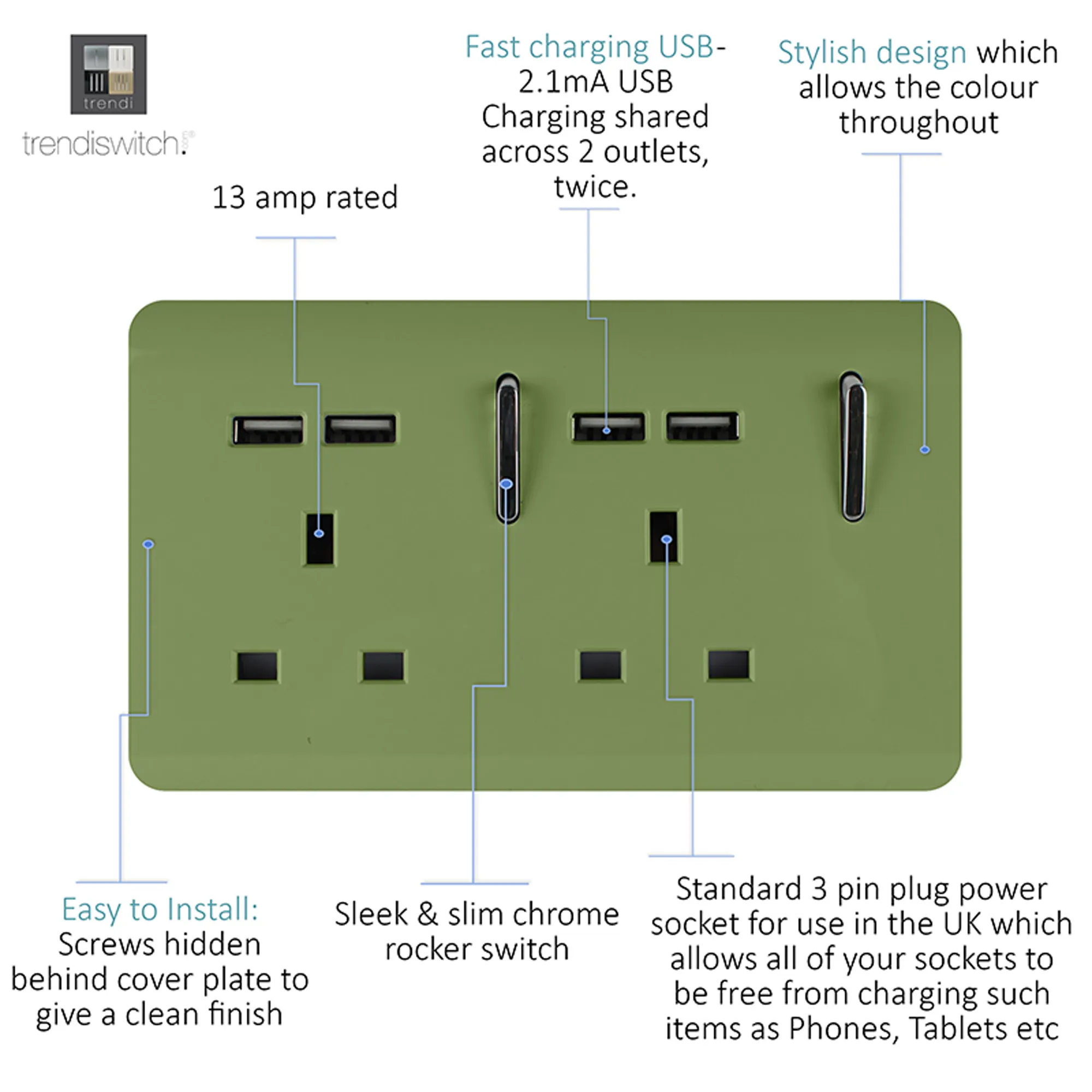 2 Gang 13Amp Switched Double Socket With 4X 2.1Mah USB Moss Green ART-SKT213USBMG  Trendi Moss Green